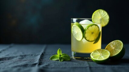 Fototapeta premium Refreshing Lime Citrus Drink in Glass with Ice Cubes and Mint Garnish