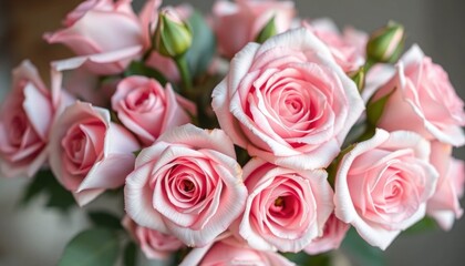 Fototapeta premium A Beautiful Bunch of Pale Pink Roses Blooming Elegantly with Soft Petals Creating an Atmosphere of Romance and Beauty