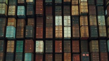 Obraz premium Drone shot of shipping containers in neat rows at a port, international freight management.