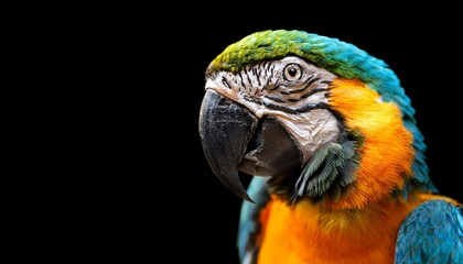 close up of colorful macaw bird face macro parrot bird head on isolated black background with copy space on right green and orange macaw parrot exotic colorful beautiful african macaw parrot