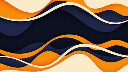 Modern abstract 3D paper cut background with flowing wave shapes in deep navy blue, vibrant orange, and creamy beige tones