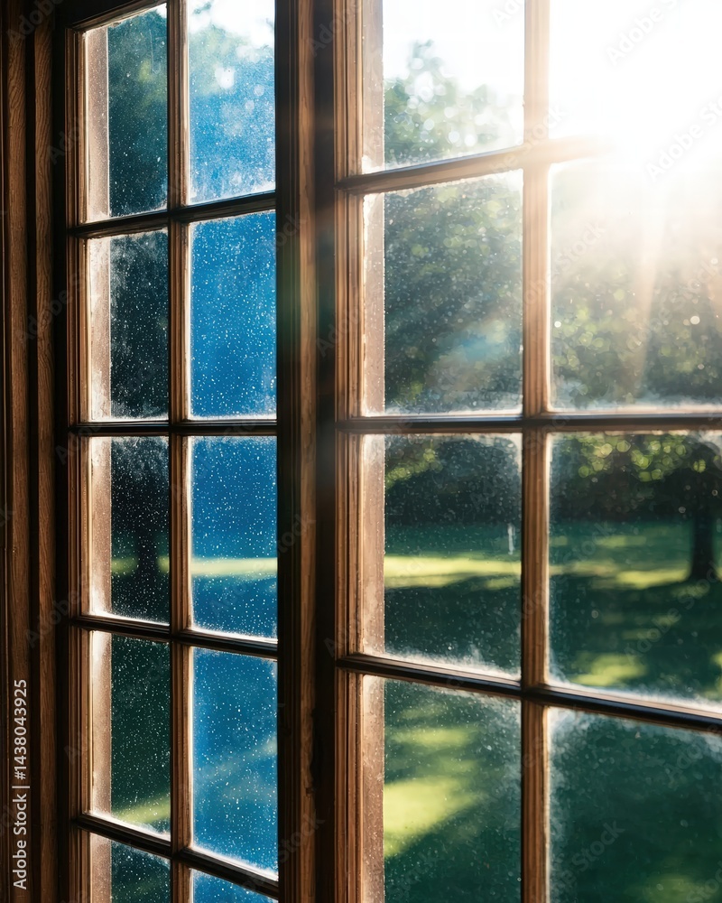 Poster sunlight shining through a window creating beautiful patterns and shadows in the room