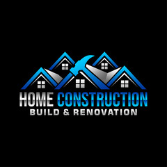 Home construction logo vector illustration template blue and black. Simple letter of house repair build & renovation with black background