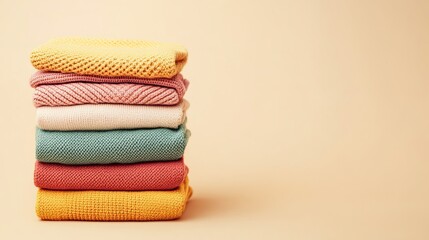 A neatly folded stack of colorful knitted sweaters on a light beige background with copy space available