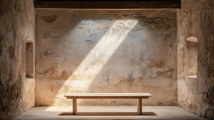 A wooden bench sits in a sunlit room with a stone wall and arched windows.