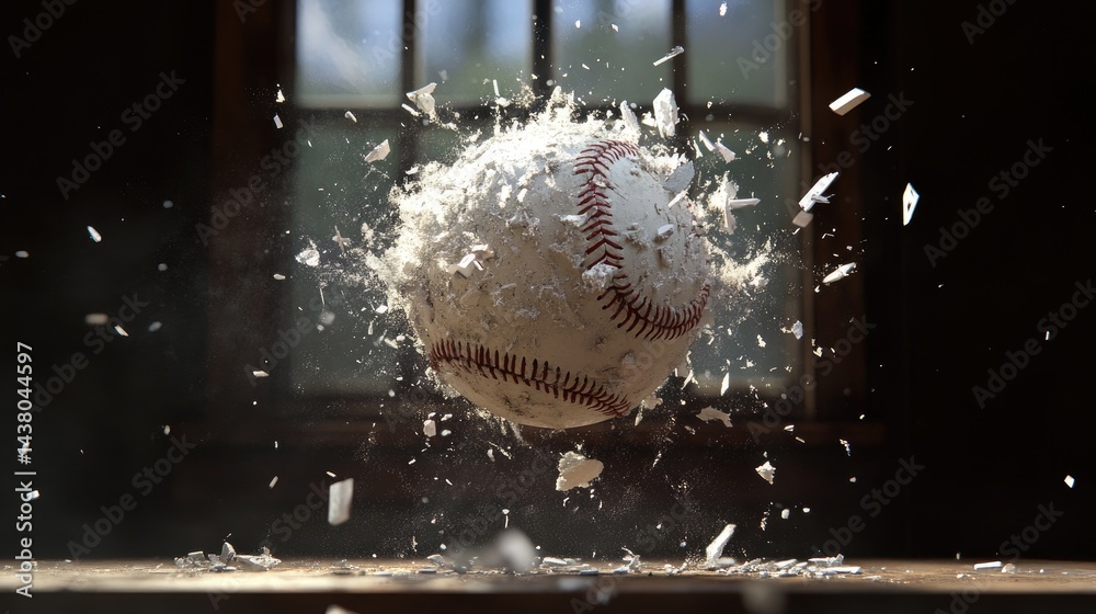 Poster A fastball punches through a window, frozen in a cloud of shards and chaos
