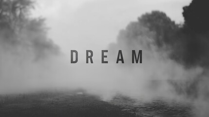 A minimalist black-and-white image with the word "DREAM" floating over a foggy, ethereal landscape, inspiring creativity and imagination