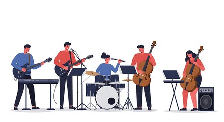 People Playing Musical Instruments in Band Performing Together