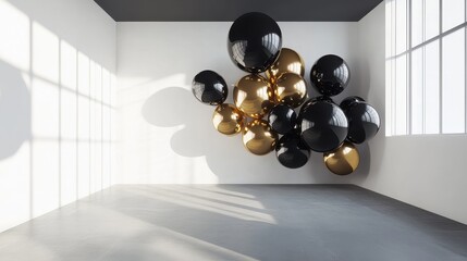 Elegant black and gold balloons in a minimalist white room, luxury birthday or corporate event decoration.