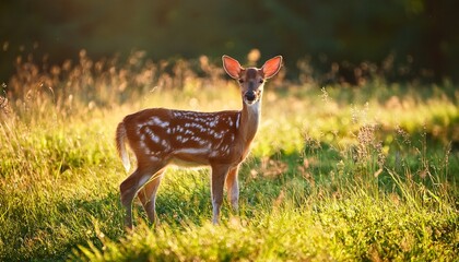 young deer with white spots in a lush field under warm sunlight