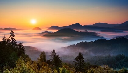 Naklejka premium tranquil sunrise over misty mountains nature photography with peaceful vibes