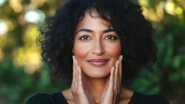 Middle-aged woman looks at herself with a serene smile, her hands softly touching her glowing face as she enjoys the effects of a premium anti-aging product. Natural light enhances