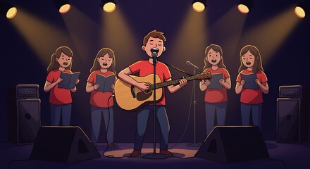 Fototapeta premium Performing Musician Sings and Plays Guitar with Choir Onstage Cartoon
