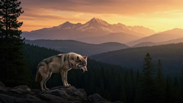 Lone wolf howling dramatically at sunset over a mountain landscape