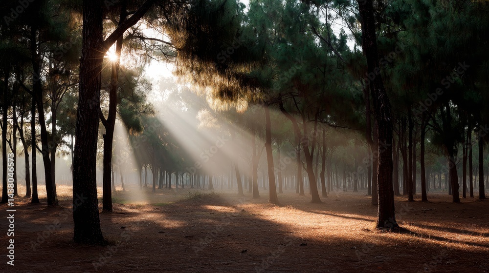 Leinwandbilder Sunbeams break through the canopy of tall pine trees in a lush forest, illuminating the ground with warm light and creating an enchanting atmosphere during golden hour