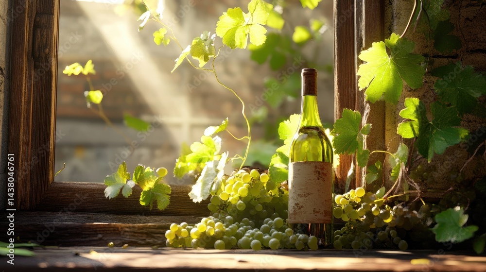 Poster a tranquil rustic setting shows a wine bottle nestled among grapes and leafy tendrils