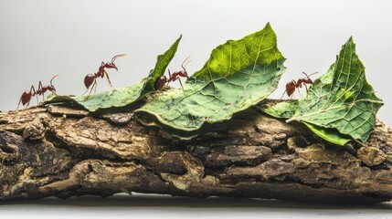 Obraz premium Leaf cutter ants work diligently, with a focus on their essential role in the ecosystem, highlighting their symbiotic relationship with nature through recycling organic material 