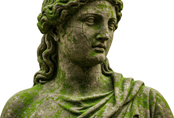 Obraz premium Ancient Moss Covered Stone Statue of a Woman s Bust Close Up Detail