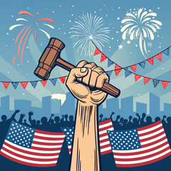 Happy Labor Day Celebrating The Dignity Of Work .,Happy Labor Day Patriotic Illustration With Clenched Fist Holding Hammer 
