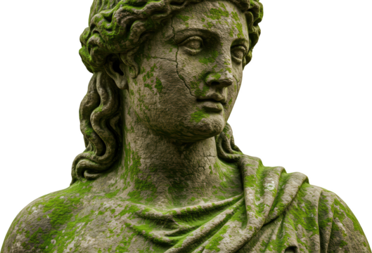 Ancient Moss Covered Stone Statue of a Woman s Bust Close Up Detail