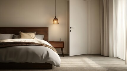 Modern bedroom interior with an open door, showcasing a sleek design and a bedside lamp that adds a touch of warmth to the room.