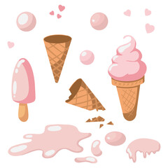The food is pink ice cream, highlighted on a white background. A set of ice cream in a waffle cone with cartoon drawings. A delicious illustration.