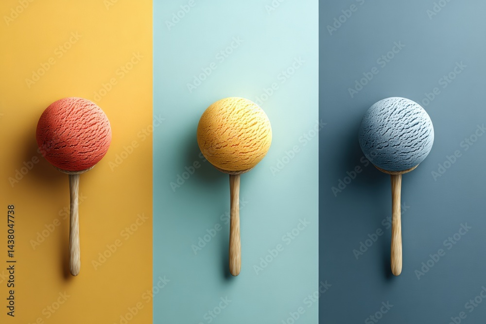 Poster colorful three-scoop ice cream arrangement with wooden scoops in a minimalistic setting