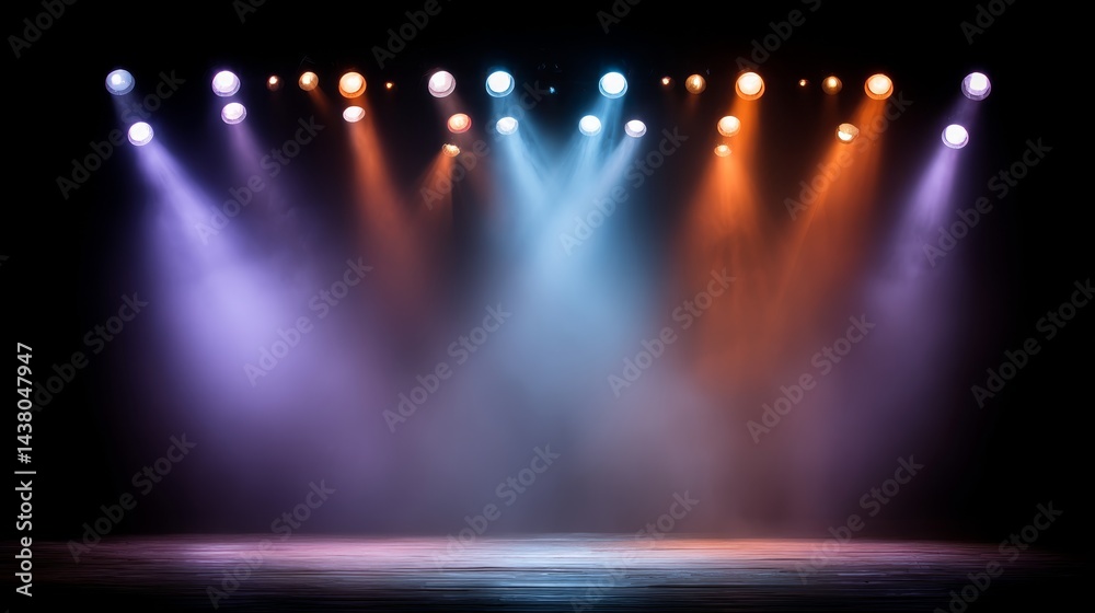 Aufkleber Stage adorned with vivid purple and orange lights cutting through swirling mist, creating a dynamic backdrop for performances or events with plenty of copy space
