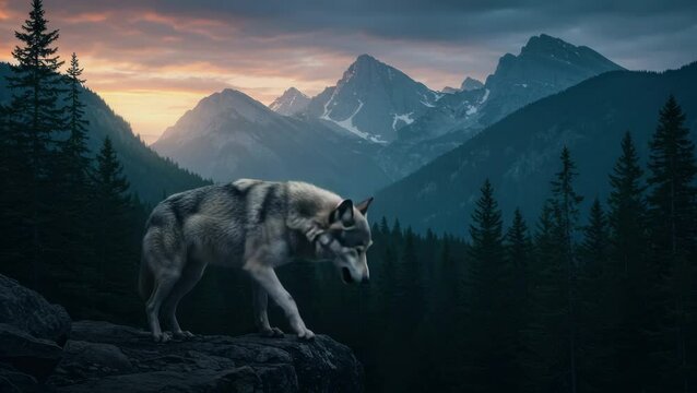 Wolves howling in scenic snowy mountain landscape