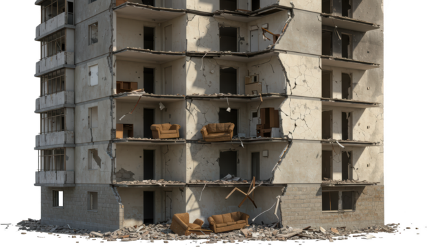 Destroyed Apartment Building Interior Damage Debris Urban Decay Disaster Scene