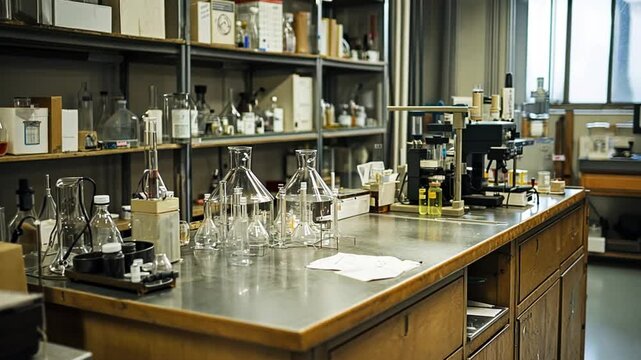 Laboratory workspace with glassware and equipment, showcasing a scientific experiment in progress