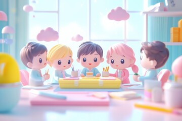 Fototapeta premium Adorable cartoon children collaborate on a project at a pastel-colored desk, surrounded by soft clouds.