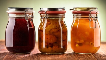 three jars of food are displayed on a table including a jar of jelly