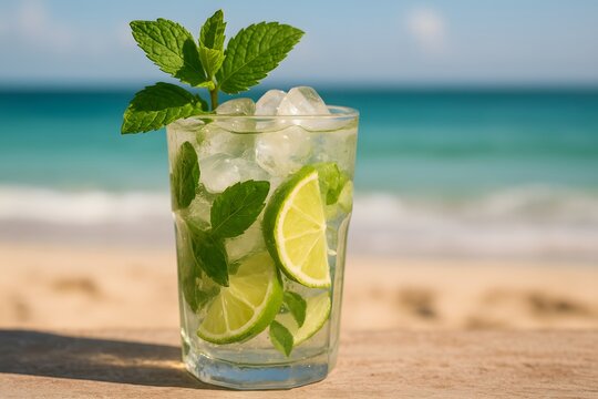 Mojito cocktail with ice and mint on rustic table
