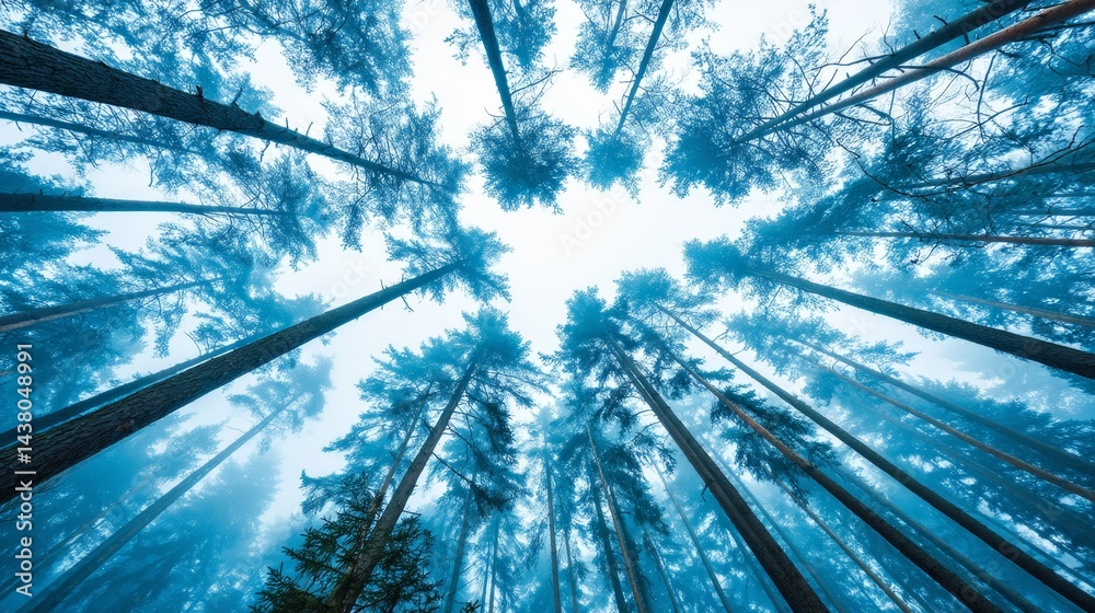 Poster clustered tall pine trees rise through serene dawn fog, creating a peaceful atmosphere that highligh