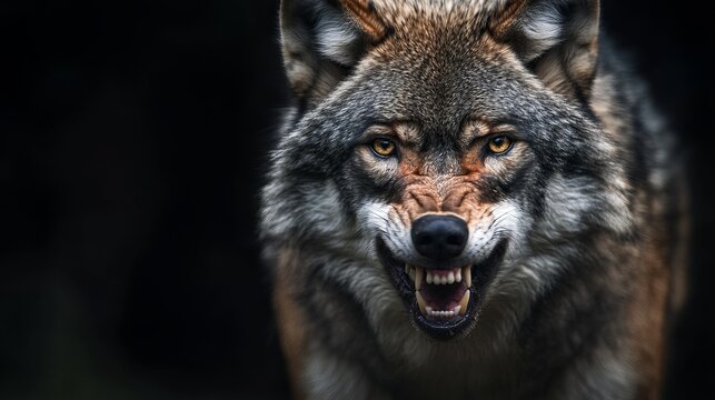 Close up of an angry wolf showing its teeth and snarling with a dark background and intense eyes