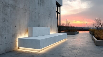 Minimalist concrete bench with underlighting beside a modern building at sunset, overlooking an urban landscape with planters and lampposts.