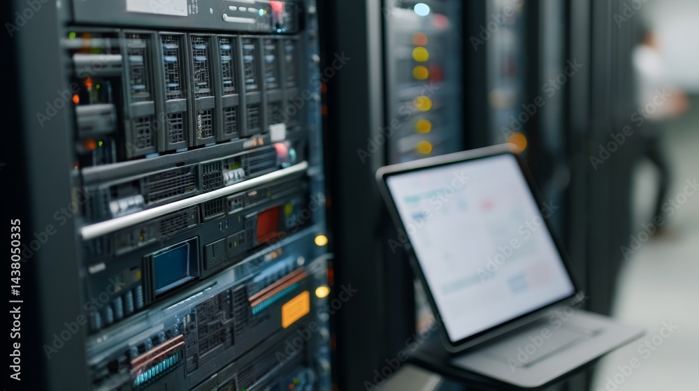Poster Interior of a high-tech data center showcases glowing server racks and floating digital graphics with a tablet on a stand in the foreground and cool lighting effects