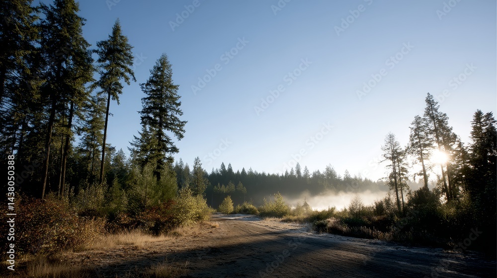 Fototapete soft golden sunlight streams through the tall trees at dawn, illuminating the forest and creating a 