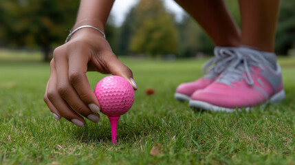 Hand placing pink tee and ball on lush golf course grass