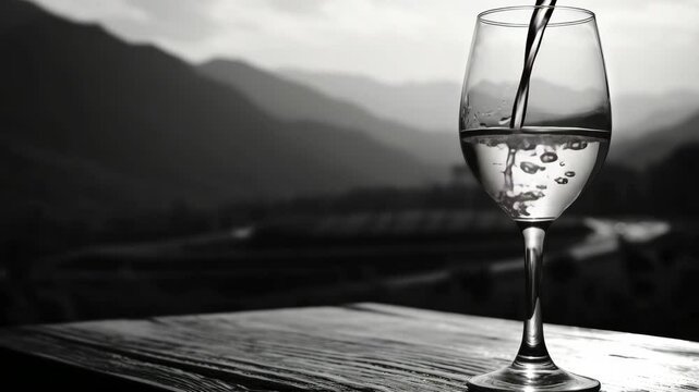 A glass of wine is on a wooden table with mountains in the background. The glass is half full and the wine is sparkling. Concept of relaxation and enjoyment