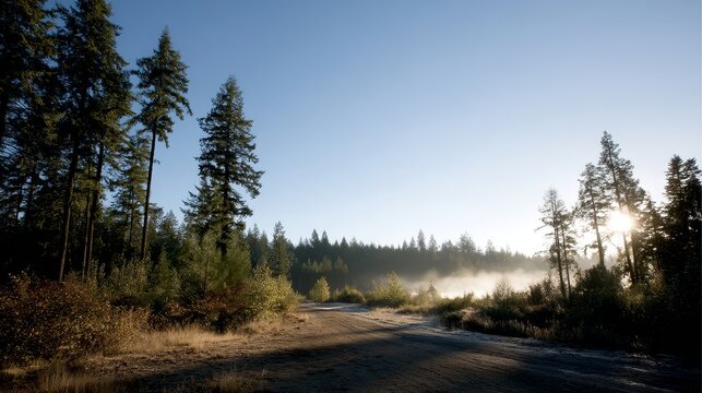 Soft golden sunlight streams through the tall trees at dawn, illuminating the forest and creating a serene atmosphere with mist rising from the ground