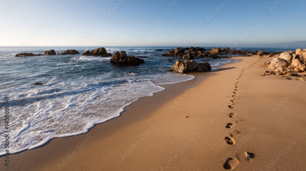 Aufkleber calm coastal view features footprints leading down a sandy beach as gentle ocean waves roll in durin