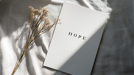 A minimal white poster with the word 'HOPE' in simple, thin black serif font, positioned in the bottom corner for a modern editorial feel 