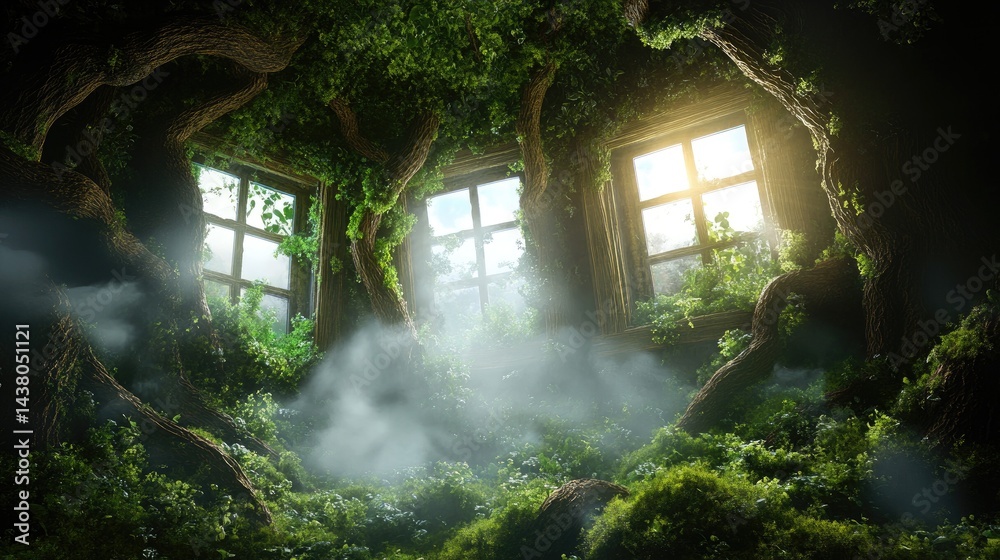 Poster glowing windows pierce through dense fog in a forest of sinister-looking trees