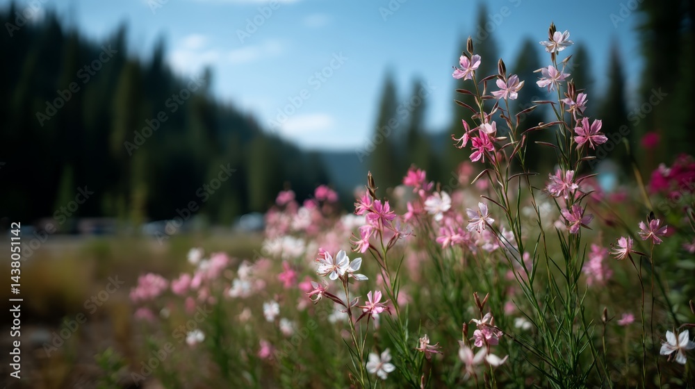 Poster Colorful wildflowers bloom in a lush meadow, creating a peaceful atmosphere under a sunny sky with soft-focused trees gently framing the backdrop