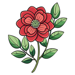 Decorative Floral Branch with Colorful Flowers, Leaves and Buds Botanical Art