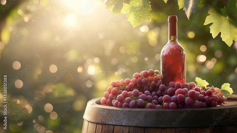 Poster harvest vibes with a wine bottle and grapes resting atop an aged barrel in soft sunlight
