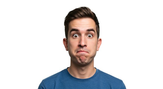 Portrait of a young man reacting to something shocking. He has his eyes wide open and his mouth shut in an expression of surprise.
