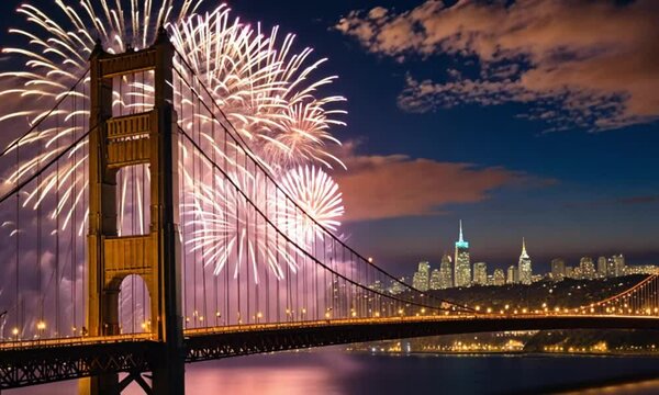 Fireworks over Golden Gate Bridge, San Francisco, night cityscape